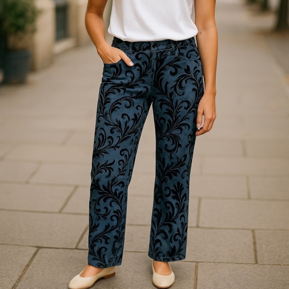 Boston Proper | Sedona Flocked Filigree Denim Straight Leg Velvet Cut Out Size 8
